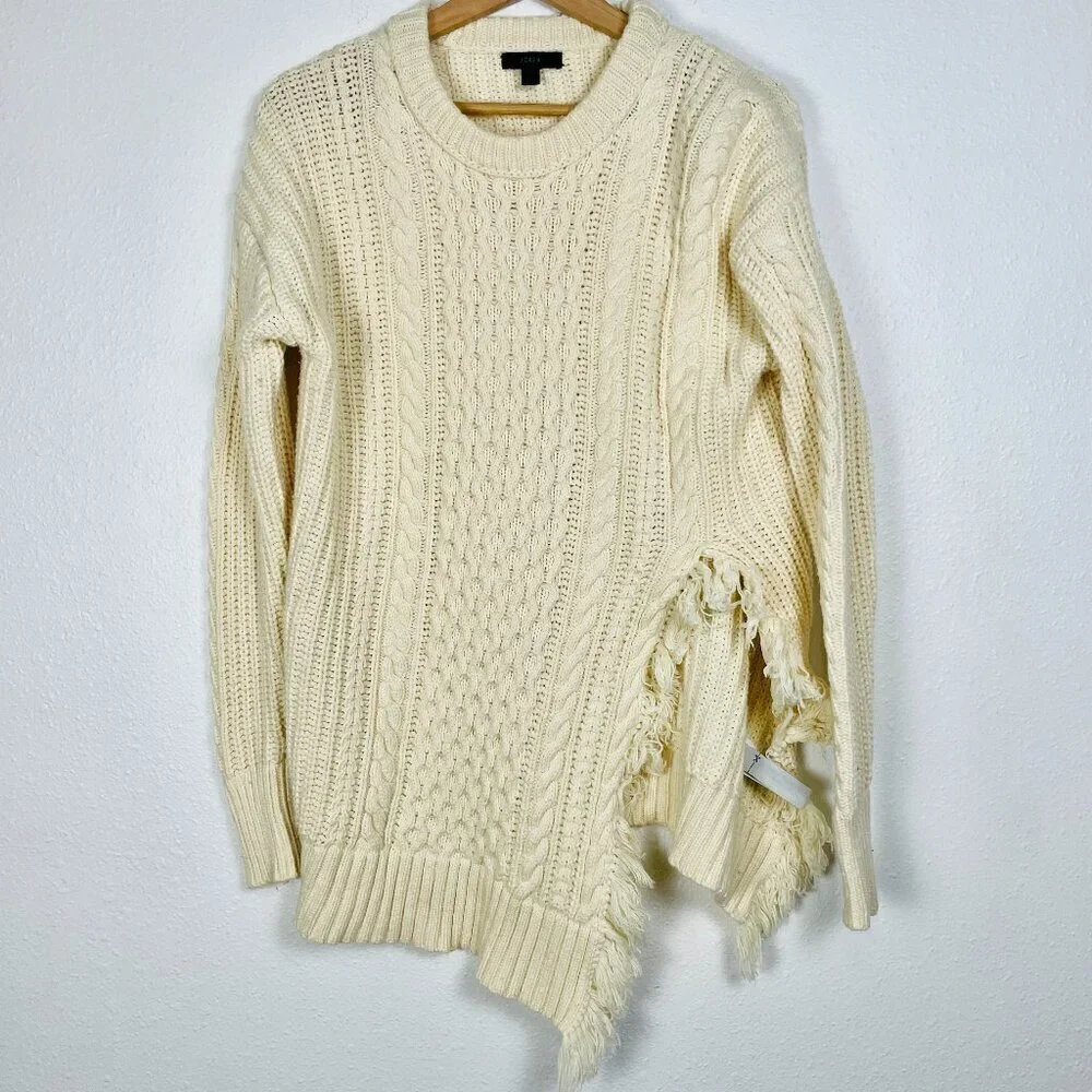 JCREW Cream Oversize Wool Blend Cable knit Fringe Asymmetrical Sweater Size: XS
